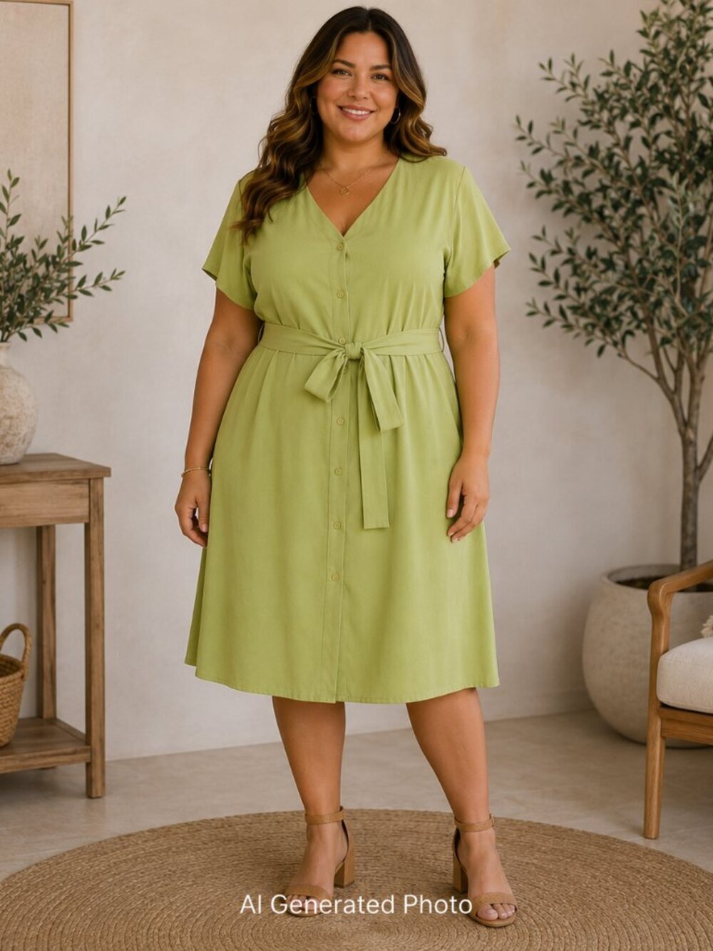 41 Hawthorn Sage Green Midi Dress 2X Button Front Tie Waist Work Career Plus